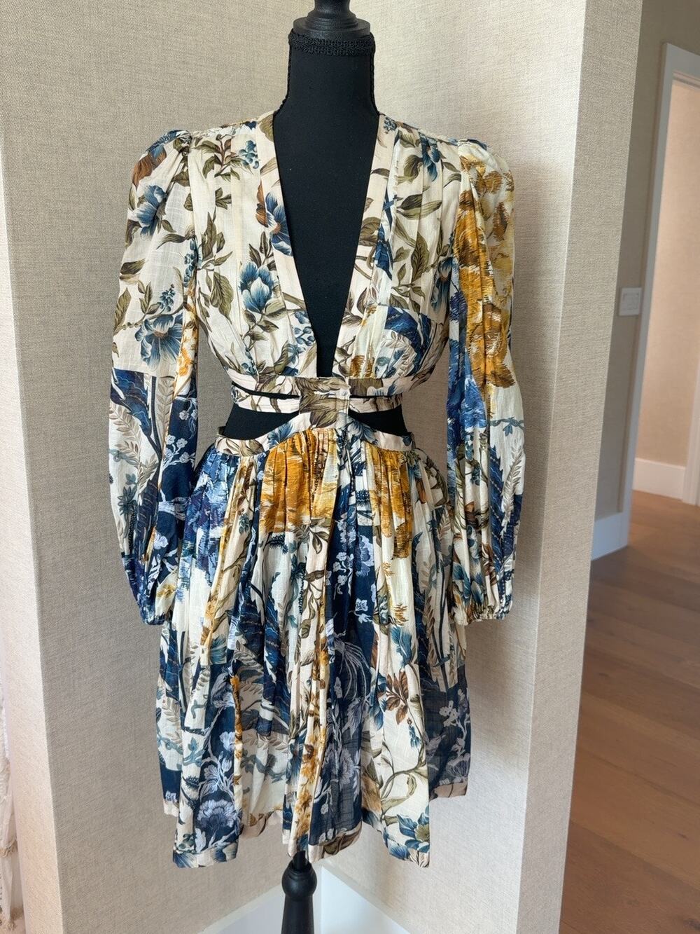Zimmermann Botanica Blue and Gold Print Cutout Mini Dress Size 1
